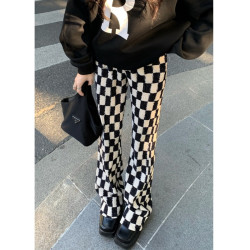 2024秋冬加絨加厚復古棋盤格褲濶腿褲寬鬆拖地褲男女學生潮直筒褲