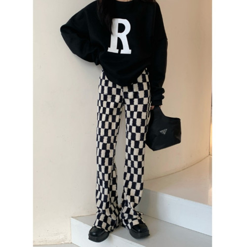 2024秋冬加絨加厚復古棋盤格褲濶腿褲寬鬆拖地褲男女學生潮直筒褲