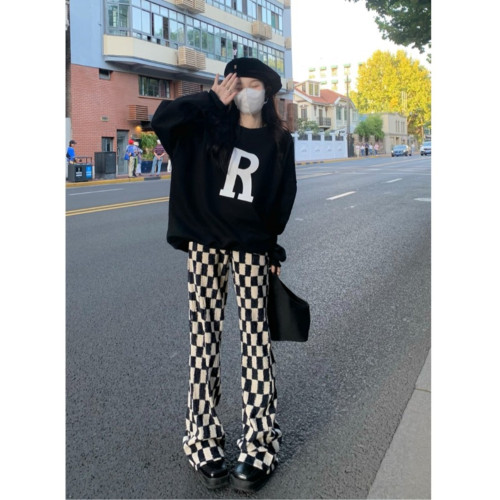 2024秋冬加絨加厚復古棋盤格褲濶腿褲寬鬆拖地褲男女學生潮直筒褲