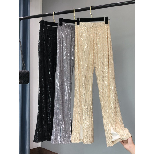 2022夏季新款薄款亮片修身顯瘦微喇叭褲大長腿垂感高腰拖地長褲女