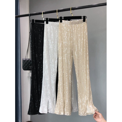 2022夏季新款薄款亮片修身顯瘦微喇叭褲大長腿垂感高腰拖地長褲女