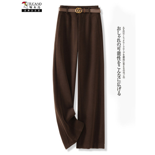 啄木鳥高級毛呢直筒褲女秋冬新款垂感呢子西褲加厚氣質窄版濶腿褲