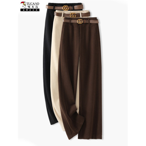 啄木鳥高級毛呢直筒褲女秋冬新款垂感呢子西褲加厚氣質窄版濶腿褲