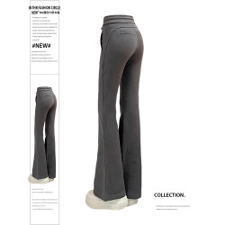 深灰色微喇休閒褲女秋季新款大碼胖mm高腰顯瘦遮胯彈力運動衛褲子