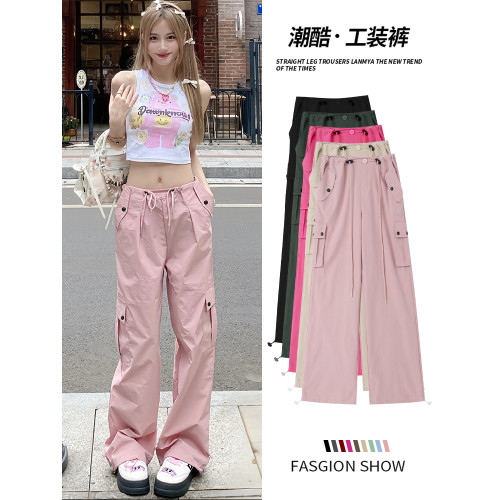 粉色工裝褲女秋季小個子高腰濶腿直筒休閒褲寬鬆美式復古運動褲子
