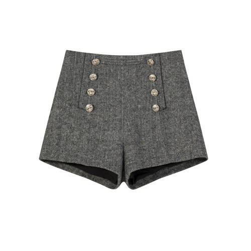 復古人字紋毛呢短褲女高腰a字2024春秋百搭顯瘦雙排釦外穿靴褲潮