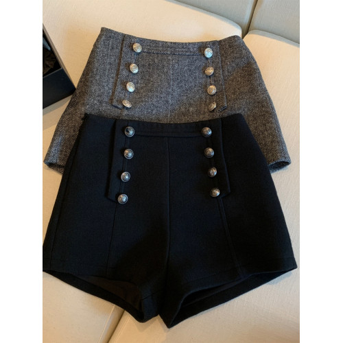 復古人字紋毛呢短褲女高腰a字2024春秋百搭顯瘦雙排釦外穿靴褲潮