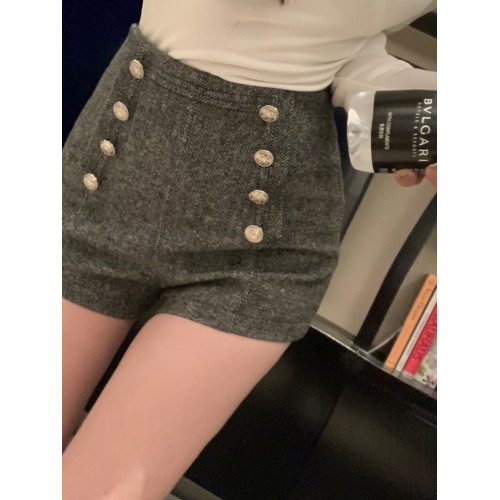 復古人字紋毛呢短褲女高腰a字2024春秋百搭顯瘦雙排釦外穿靴褲潮