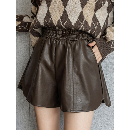 pu皮短褲女2025新款秋冬季高腰a字松緊腰外穿顯瘦濶腿靴褲小個子