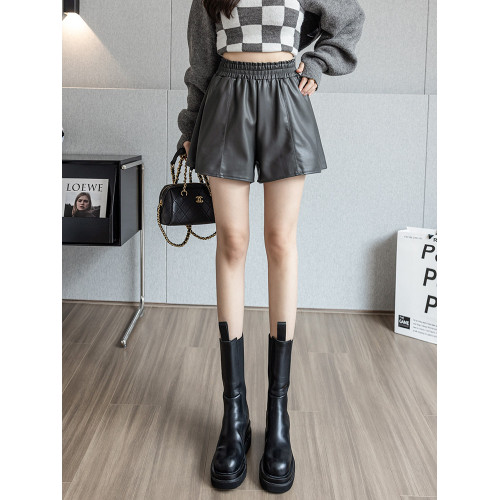 pu皮短褲女2025新款秋冬季高腰a字松緊腰外穿顯瘦濶腿靴褲小個子