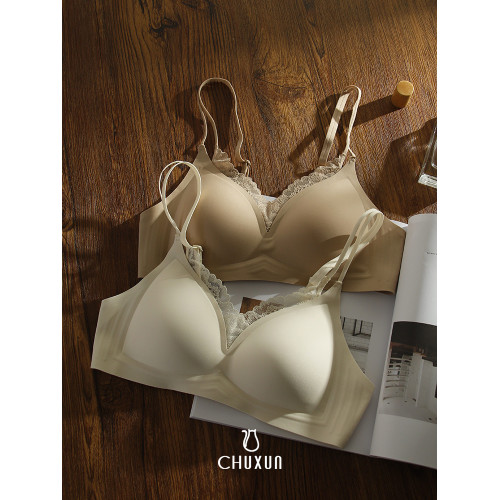 雙肩帶蕾絲V領美背無痕文胸女無鋼圈內衣大胸顯小固定一體水滴杯