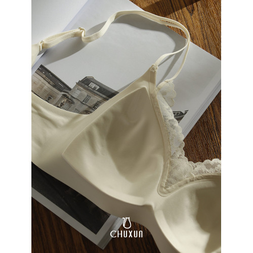 雙肩帶蕾絲V領美背無痕文胸女無鋼圈內衣大胸顯小固定一體水滴杯