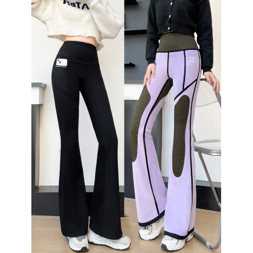 女秋冬加絨加厚微喇鯊魚褲高腰收腹提臀顯瘦外穿打底口袋瑜珈褲子