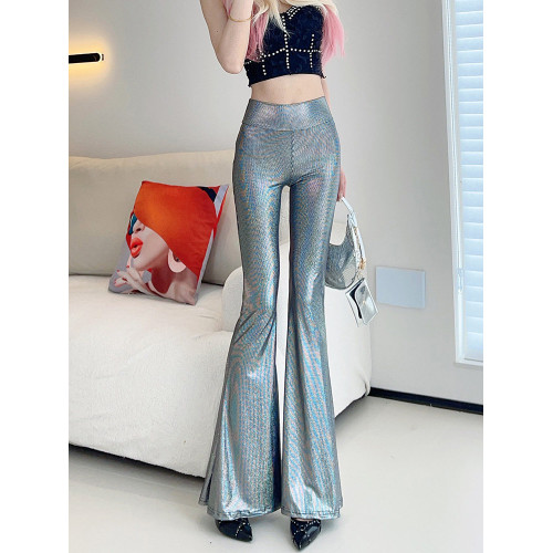 2025新款秋季喇叭褲薄款燙金豹紋閃亮高腰濶腿休閒高個子加長褲子