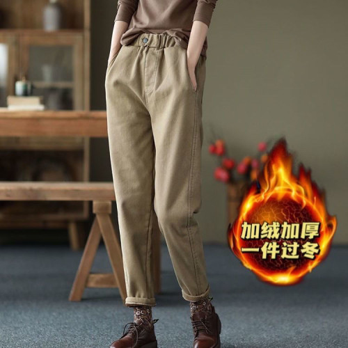 2022新款全棉加厚褲子休閒褲女冬季松緊腰加絨哈倫褲純色外穿長褲