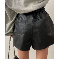 韓國短款pu皮褲女秋新款設計感口袋外露寬鬆顯瘦休閒短褲濶腿靴褲