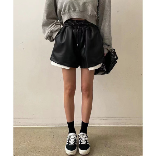 韓國短款pu皮褲女秋新款設計感口袋外露寬鬆顯瘦休閒短褲濶腿靴褲