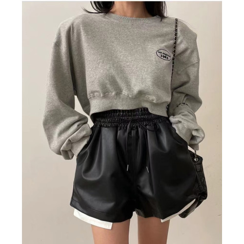 韓國短款pu皮褲女秋新款設計感口袋外露寬鬆顯瘦休閒短褲濶腿靴褲