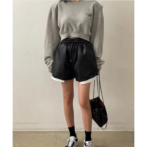 韓國短款pu皮褲女秋新款設計感口袋外露寬鬆顯瘦休閒短褲濶腿靴褲