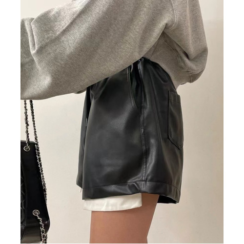 韓國短款pu皮褲女秋新款設計感口袋外露寬鬆顯瘦休閒短褲濶腿靴褲