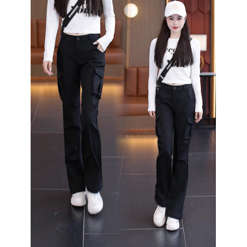 黑色工裝褲女2026新款秋季高腰顯瘦休閒直筒濶腿褲子美式微喇叭褲