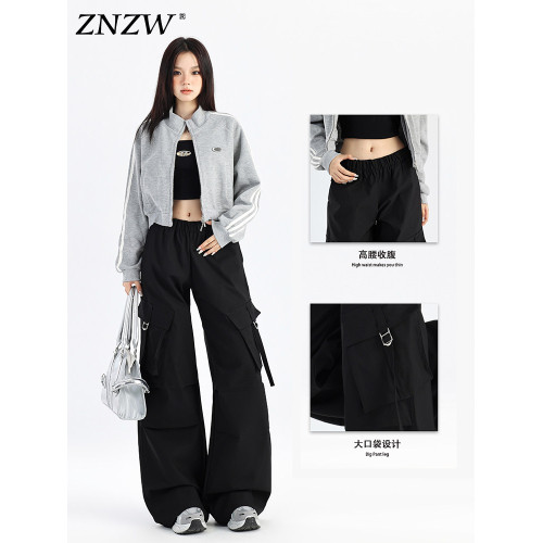 ZNZW黑色工裝褲女2025新款秋季美式甜酷直筒休閒垂感小個子濶腿褲