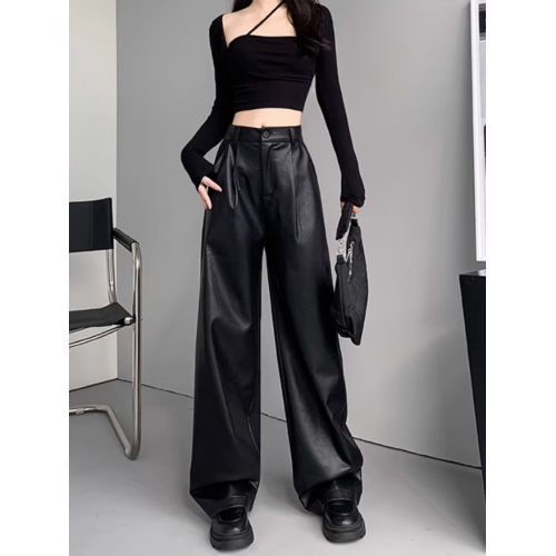 高級感黑色皮褲女小個子秋冬加絨直筒濶腿褲軟PU皮垂感顯瘦休閒褲