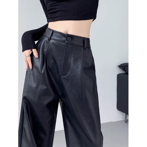 高級感黑色皮褲女小個子秋冬加絨直筒濶腿褲軟PU皮垂感顯瘦休閒褲