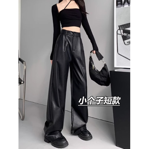 高級感黑色皮褲女小個子秋冬加絨直筒濶腿褲軟PU皮垂感顯瘦休閒褲