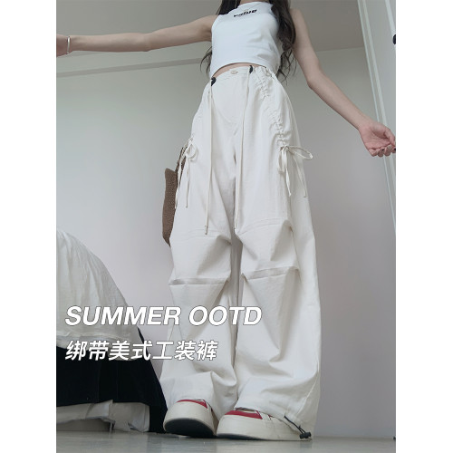 奶白色工裝褲女夏季薄2025新款高腰濶腿褲休閒寬鬆美式速乾運動褲