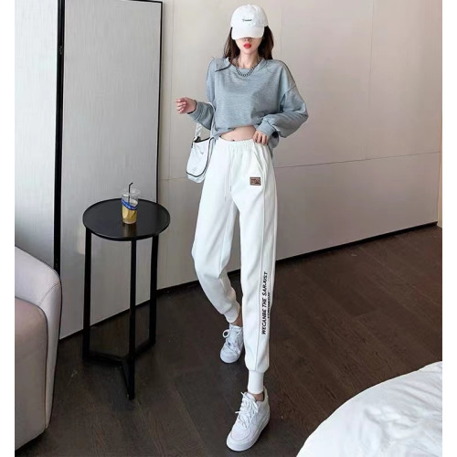 白色高腰刺綉運動褲女春秋款束腳哈倫衛褲小個子顯瘦休閒長褲子潮