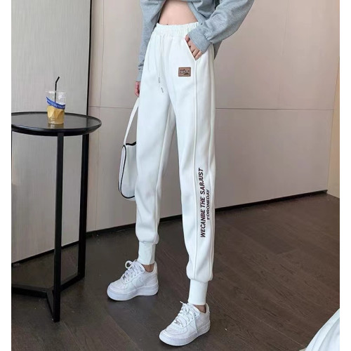 白色高腰刺綉運動褲女春秋款束腳哈倫衛褲小個子顯瘦休閒長褲子潮