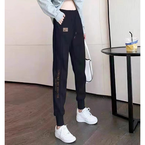 白色高腰刺綉運動褲女春秋款束腳哈倫衛褲小個子顯瘦休閒長褲子潮