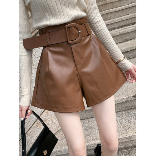 棕色春秋冬季新款配靴子的褲衩濶腿外穿黑色皮短褲女靴褲