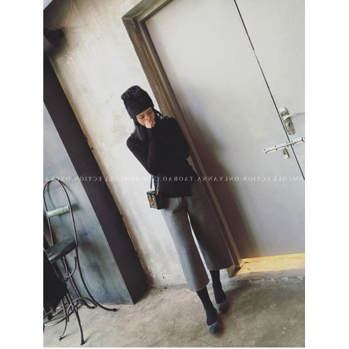 毛呢濶腿褲女秋冬九分褲小個子高腰休閒八分百搭灰色直筒呢子褲