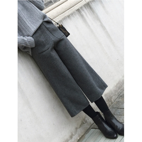 毛呢濶腿褲女秋冬九分褲小個子高腰休閒八分百搭灰色直筒呢子褲