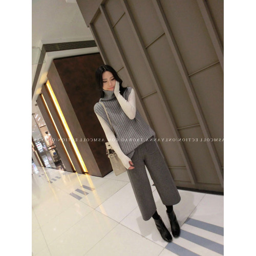 毛呢濶腿褲女秋冬九分褲小個子高腰休閒八分百搭灰色直筒呢子褲