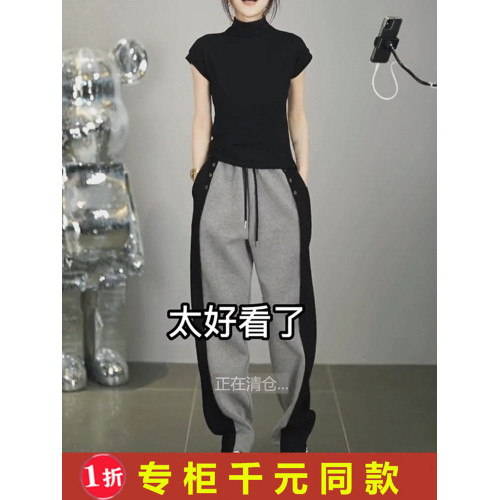 意大利原單出口剪標大碼高腰顯瘦休閒褲女微胖寬鬆直筒濶腿褲