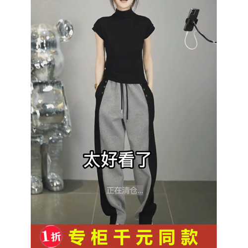 意大利原單出口剪標大碼高腰顯瘦休閒褲女微胖寬鬆直筒濶腿褲