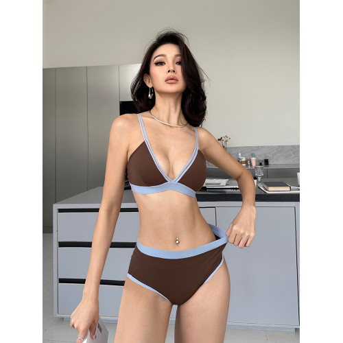 三角杯內衣女夏季薄款外穿文胸小胸無鋼圈撞色可露麗風套裝2025年