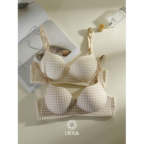 中厚2CM格子英倫風內衣女小胸聚攏不空杯無鋼圈提拉上托文胸無痕