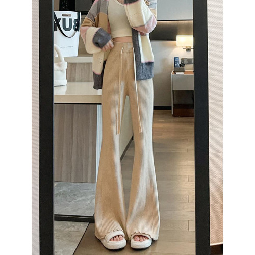 軟糯坑條針織褲子女秋冬加厚高腰顯瘦濶腿褲寬鬆休閒垂感微喇叭褲