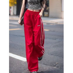 美式條紋拼接運動濶腿褲女2026春夏薄款高腰休閒衛褲速乾工裝褲子