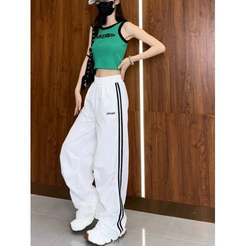 美式條紋拼接運動濶腿褲女2026春夏薄款高腰休閒衛褲速乾工裝褲子