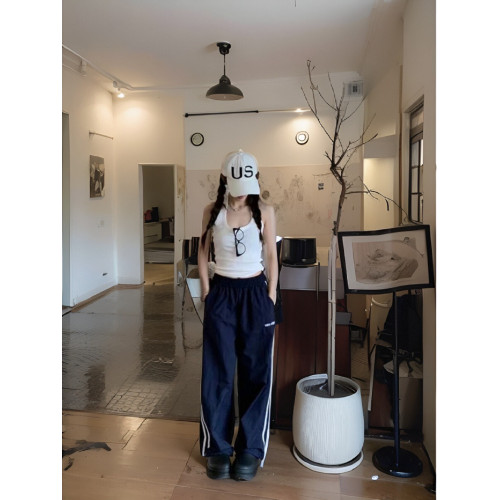 美式條紋拼接運動濶腿褲女2026春夏薄款高腰休閒衛褲速乾工裝褲子