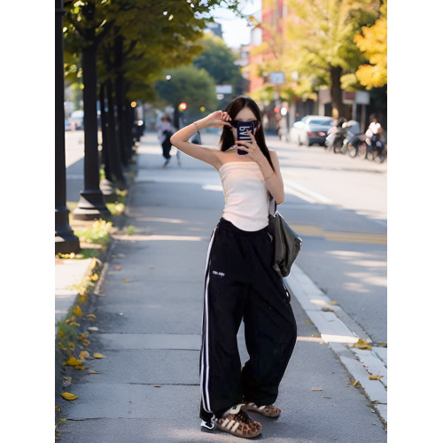 美式條紋拼接運動濶腿褲女2026春夏薄款高腰休閒衛褲速乾工裝褲子