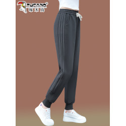 啄木鳥酒紅色運動褲女2026新款春秋女褲休閒束腳女士衛褲加絨褲子