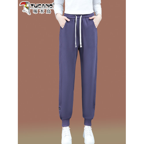 啄木鳥酒紅色運動褲女2026新款春秋女褲休閒束腳女士衛褲加絨褲子