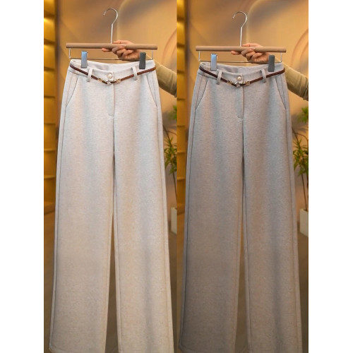 高腰休閒褲秋冬加絨濶腿褲女2025新款西裝褲窄版直筒褲羊毛呢褲子