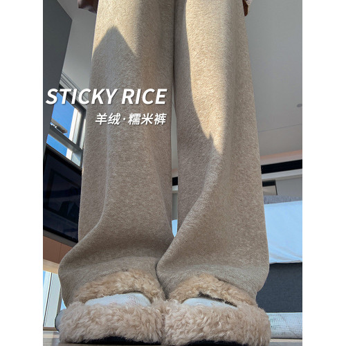 卡其色濶腿褲女秋冬季2024新款休閒垂感加絨羊絨褲寬鬆直筒糯米褲